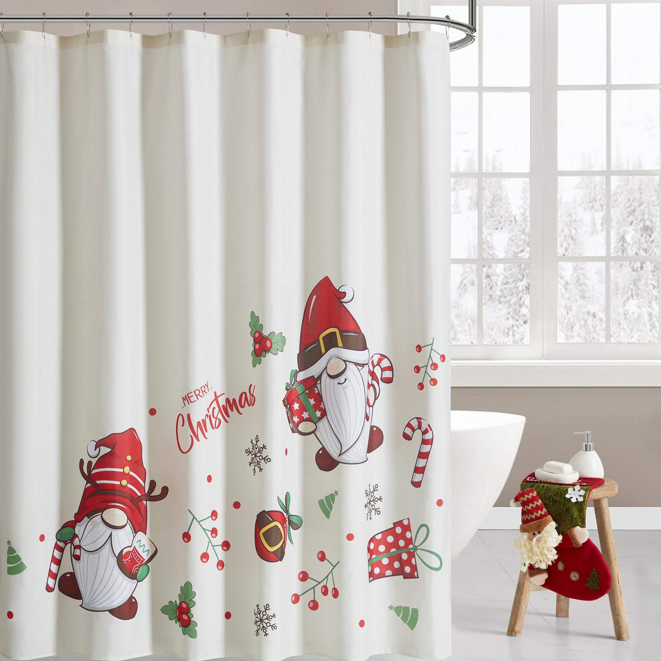 The Holiday Aisle® Home Gnome Microfiber Holiday Shower Curtain, 72" x ...
